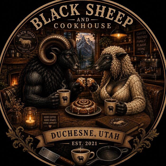 Illustrated Black Sheep Coffee label artwork, indoor scene