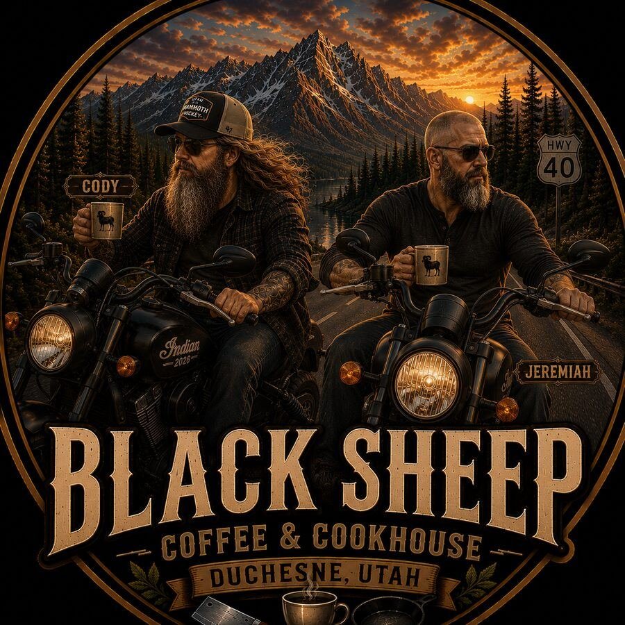Illustrated Black Sheep Coffee label artwork, motorcycle riders