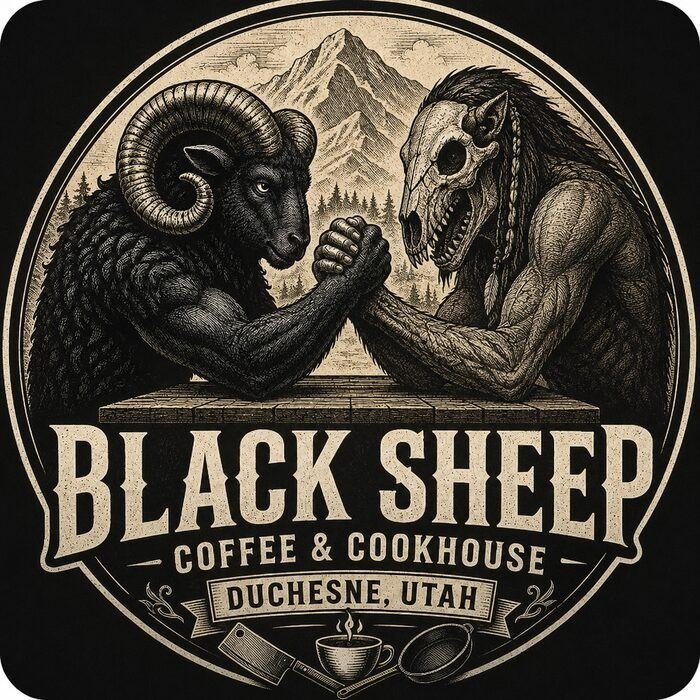 Illustrated Black Sheep mascot artwork, arm wrestling